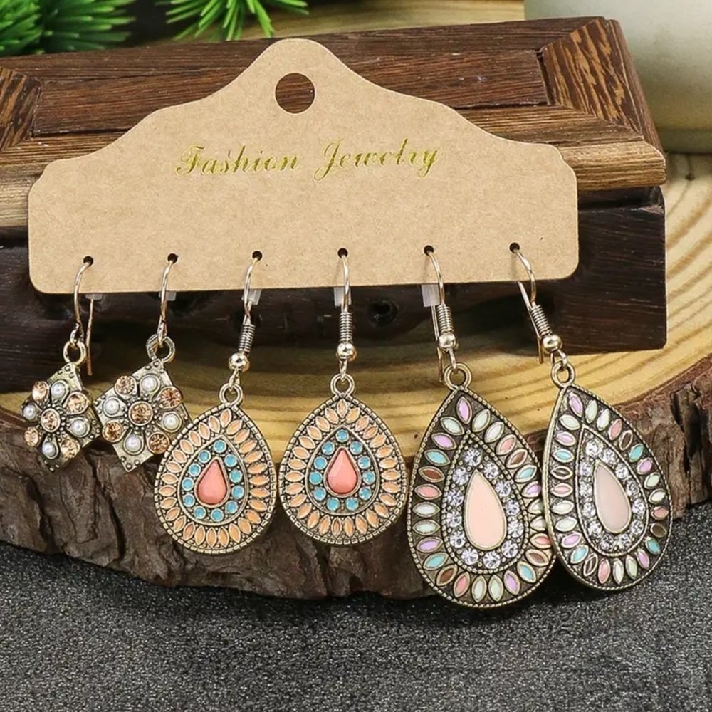 Boho Set of Three Earrings Antique Gold Peach Pink Pearl Rhinestones